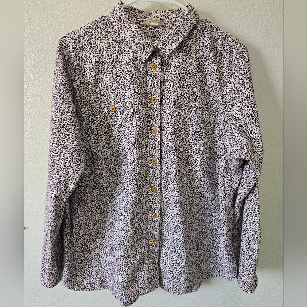 Duluth Trading Company Women's Iron Mountain Oxford Shirt Purple Floral XXL